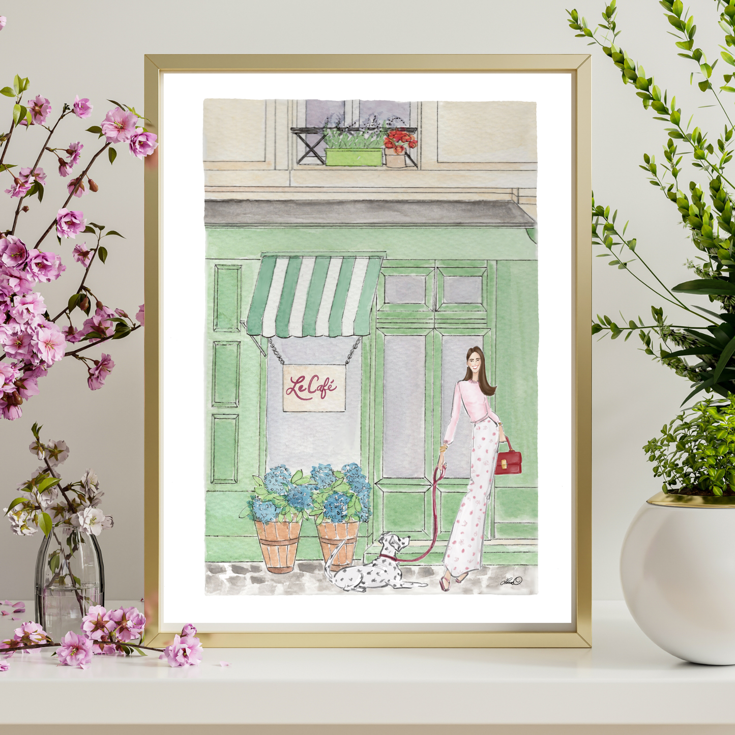 French Cafe- Girl With Dog, Watercolor Fashion Illustration Print