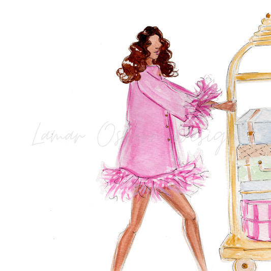 Fashionable Luggage Cart l Fashion Illustration Print