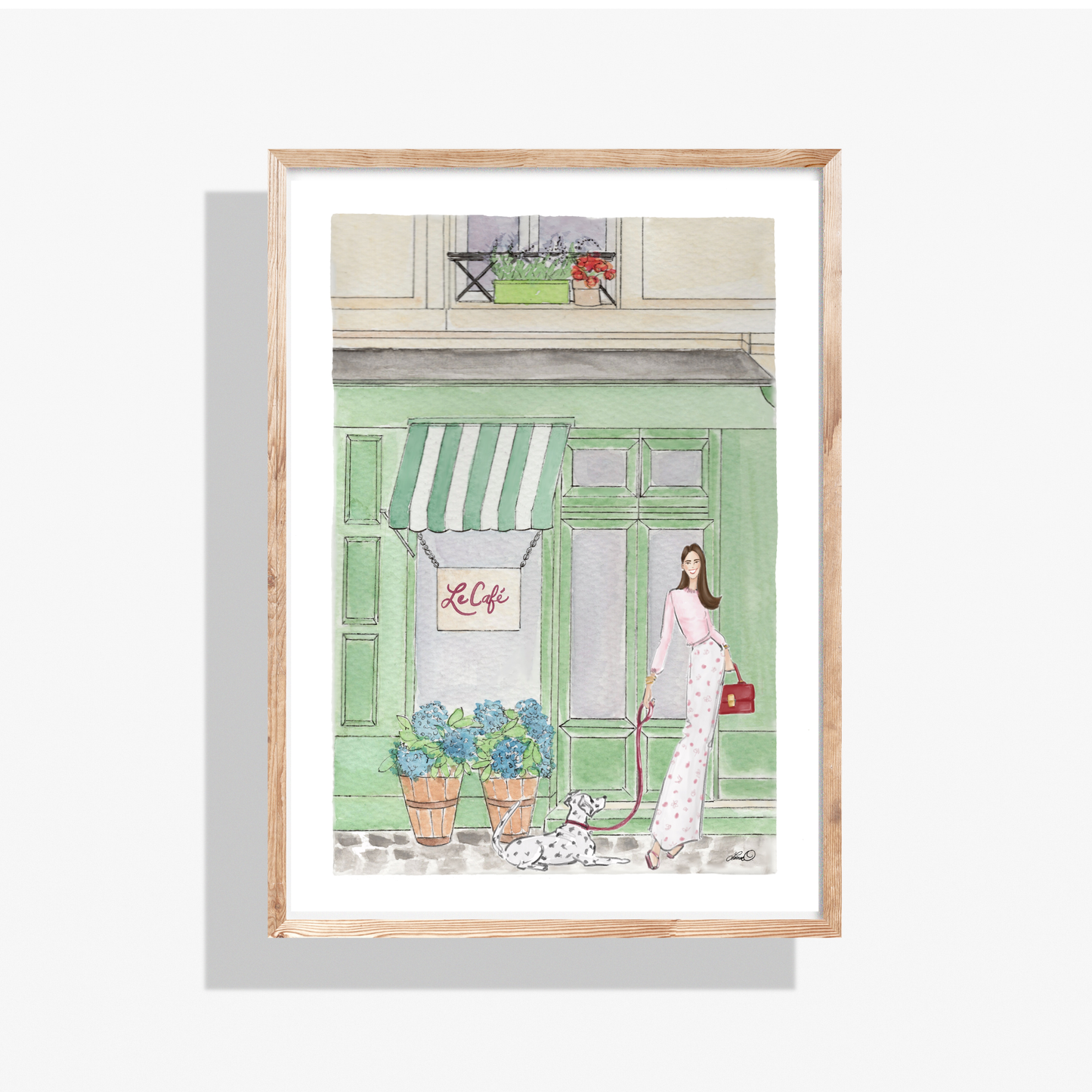 French Cafe- Girl With Dog, Watercolor Fashion Illustration Print