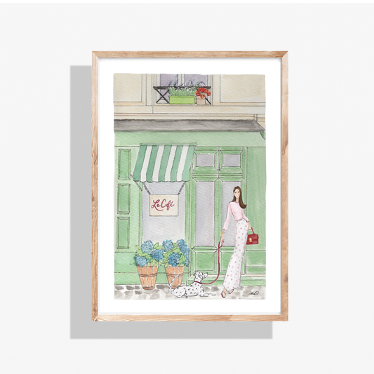 French Cafe- Girl With Dog, Watercolor Fashion Illustration Print