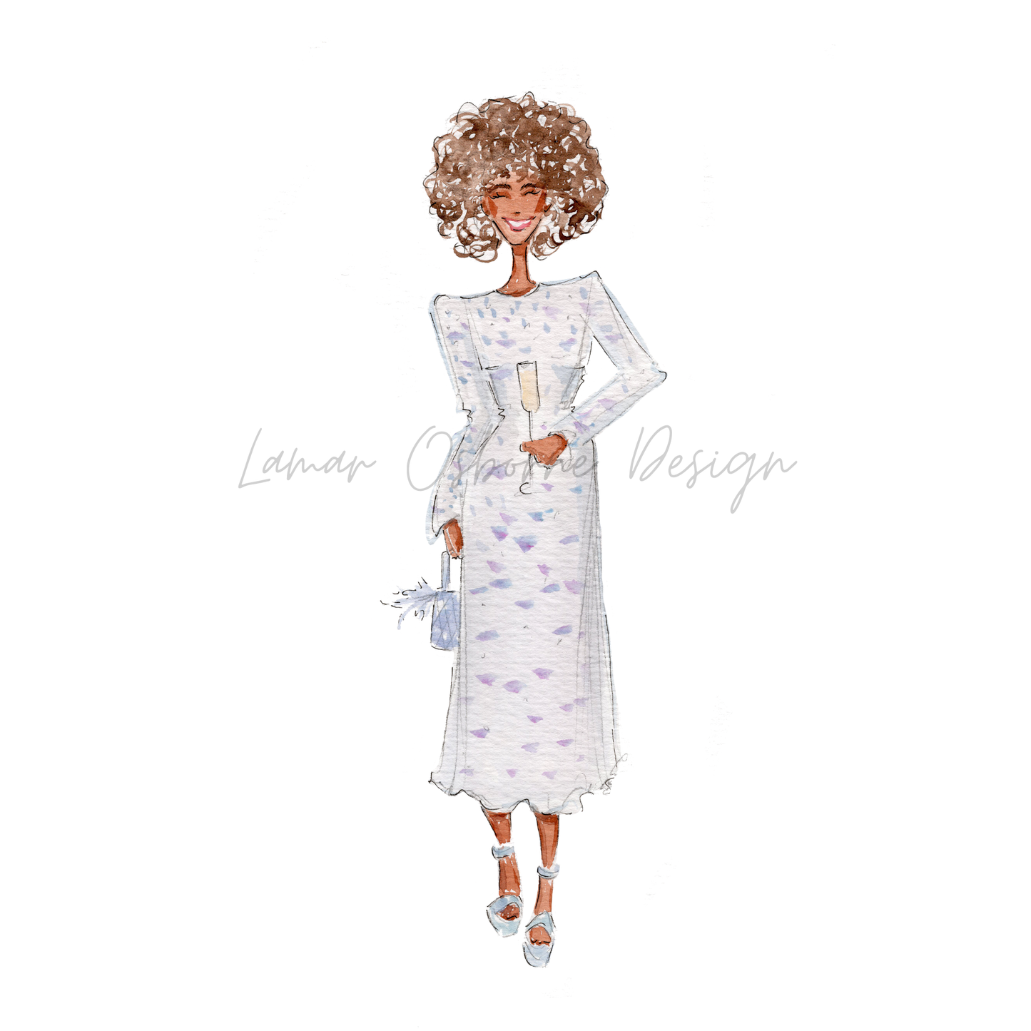 Fashion Illustration of a woman in a cocktail dress, holding a glass of champagne, on a white background.