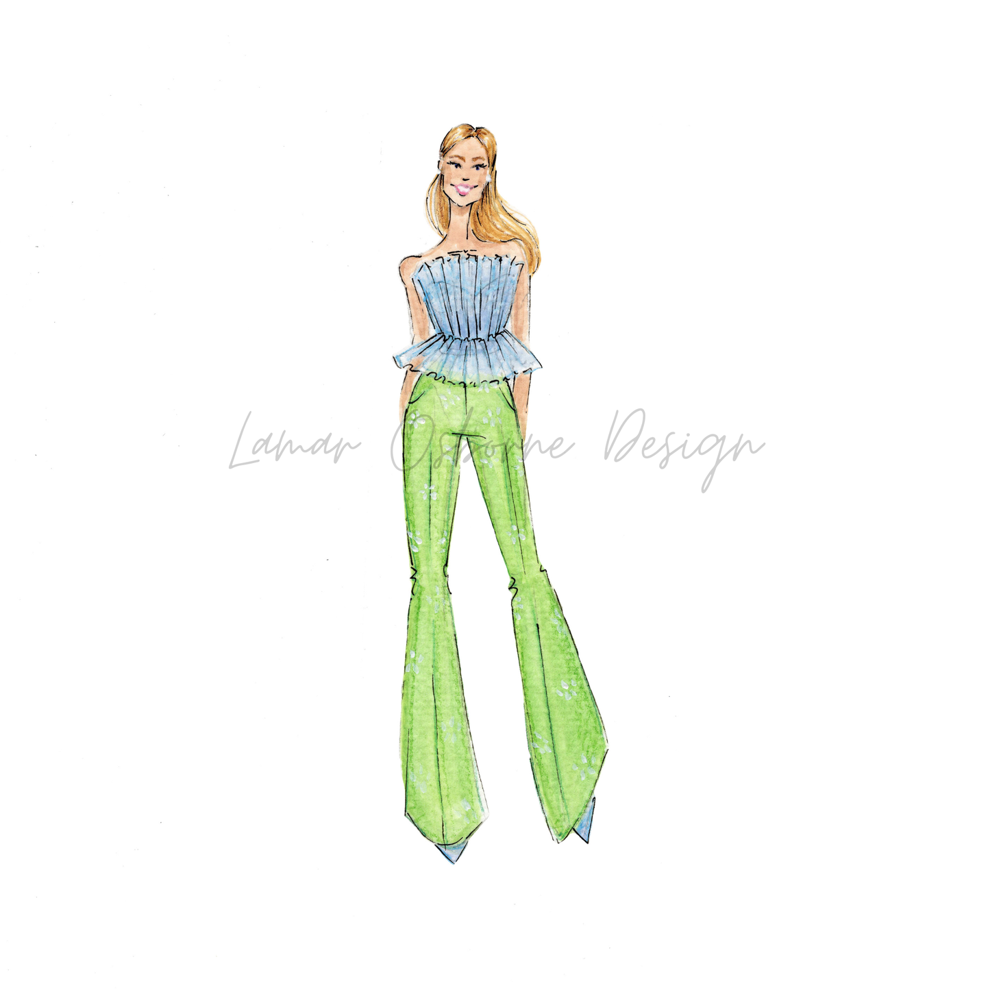 Watercolor Fashion Illustration of a woman wearing a blue top and green bell-bottom pants on a white background.