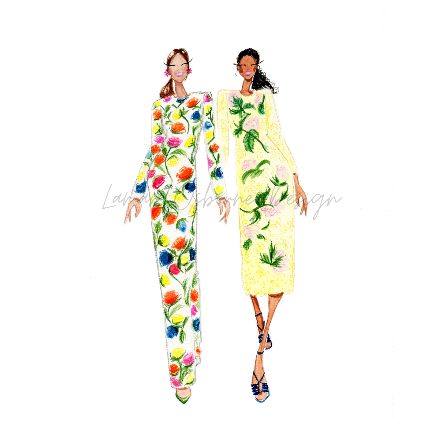 Watercolor Fashion Illustration of two women wearing colorful floral outfits on a white background