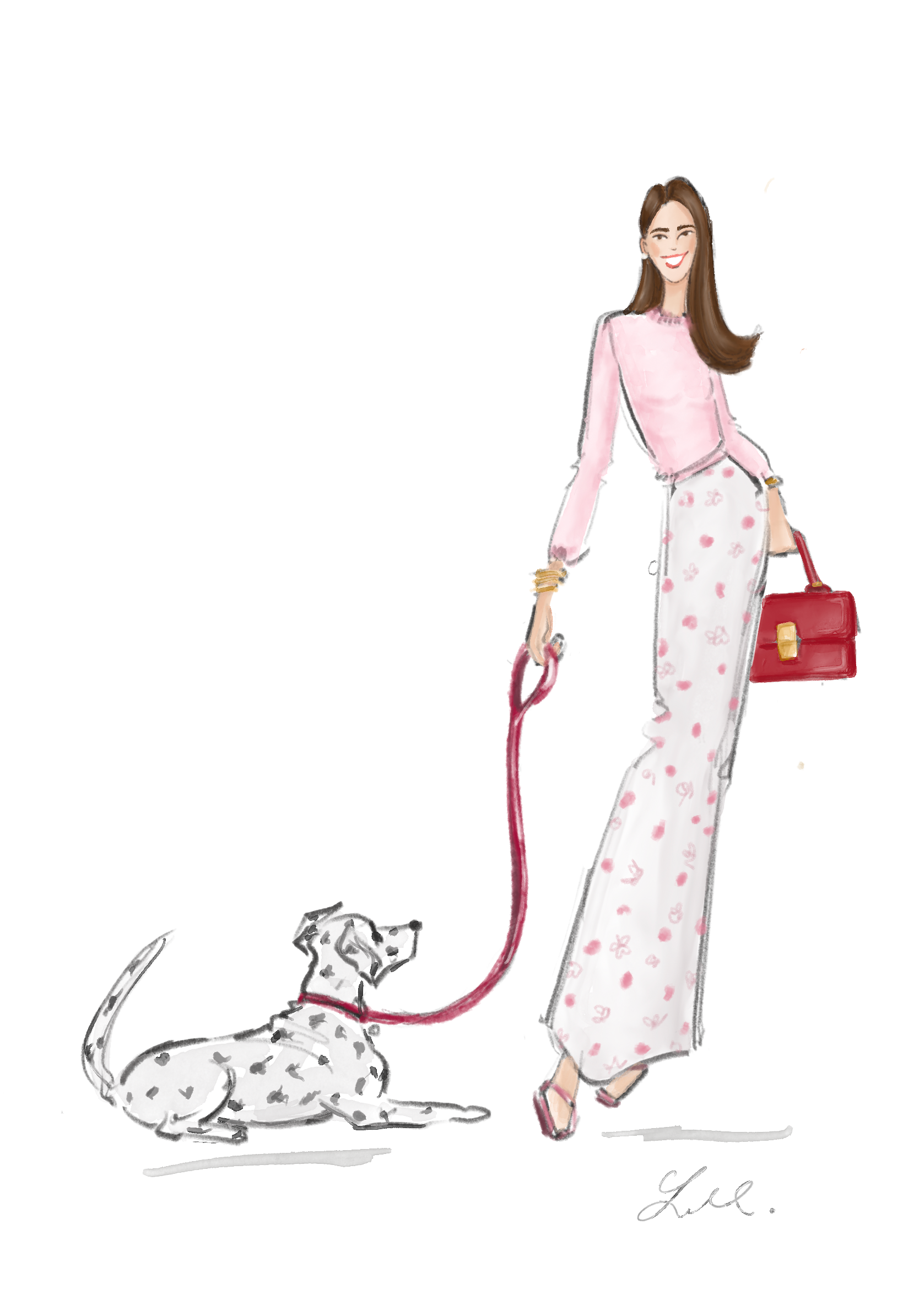 Fashion illustration of a woman in a pink sweater and white wide-leg pants with pink floral prints, walking a Dalmatian dog on a pink leash while carrying a red handbag.