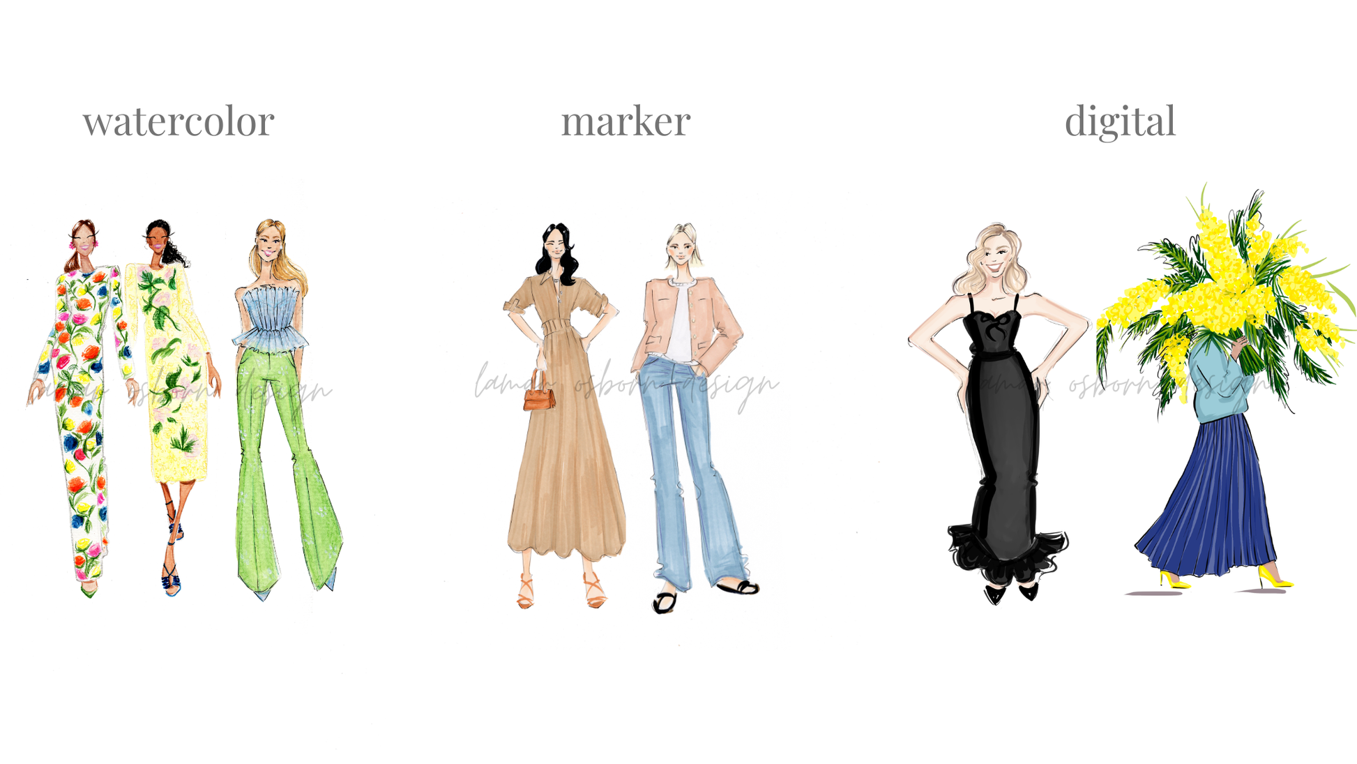 Comparison of watercolor, marker, and digital fashion  illustrations 