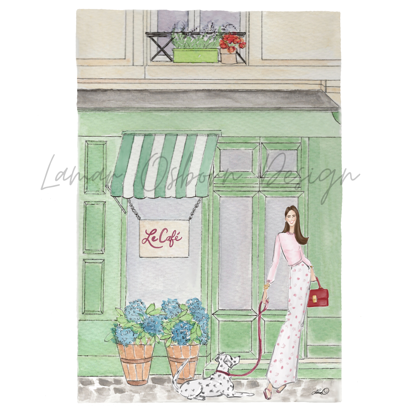 French Cafe- Girl With Dog, Watercolor Fashion Illustration Print