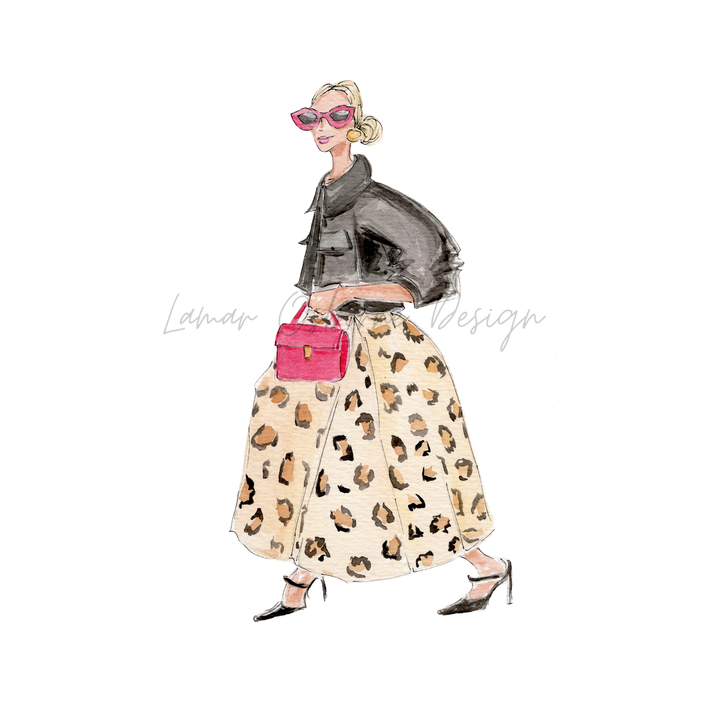 Watercolor Fashion Illustration of a woman in a leopard print skirt and red handbag on a white background