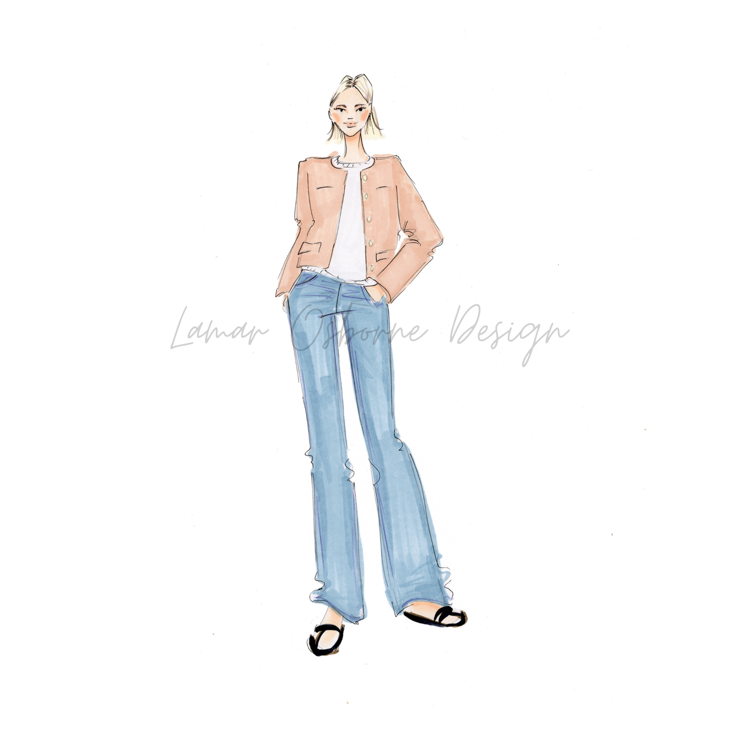 Illustration of a person wearing a tan jacket, white shirt, and light blue jeans on a white background.