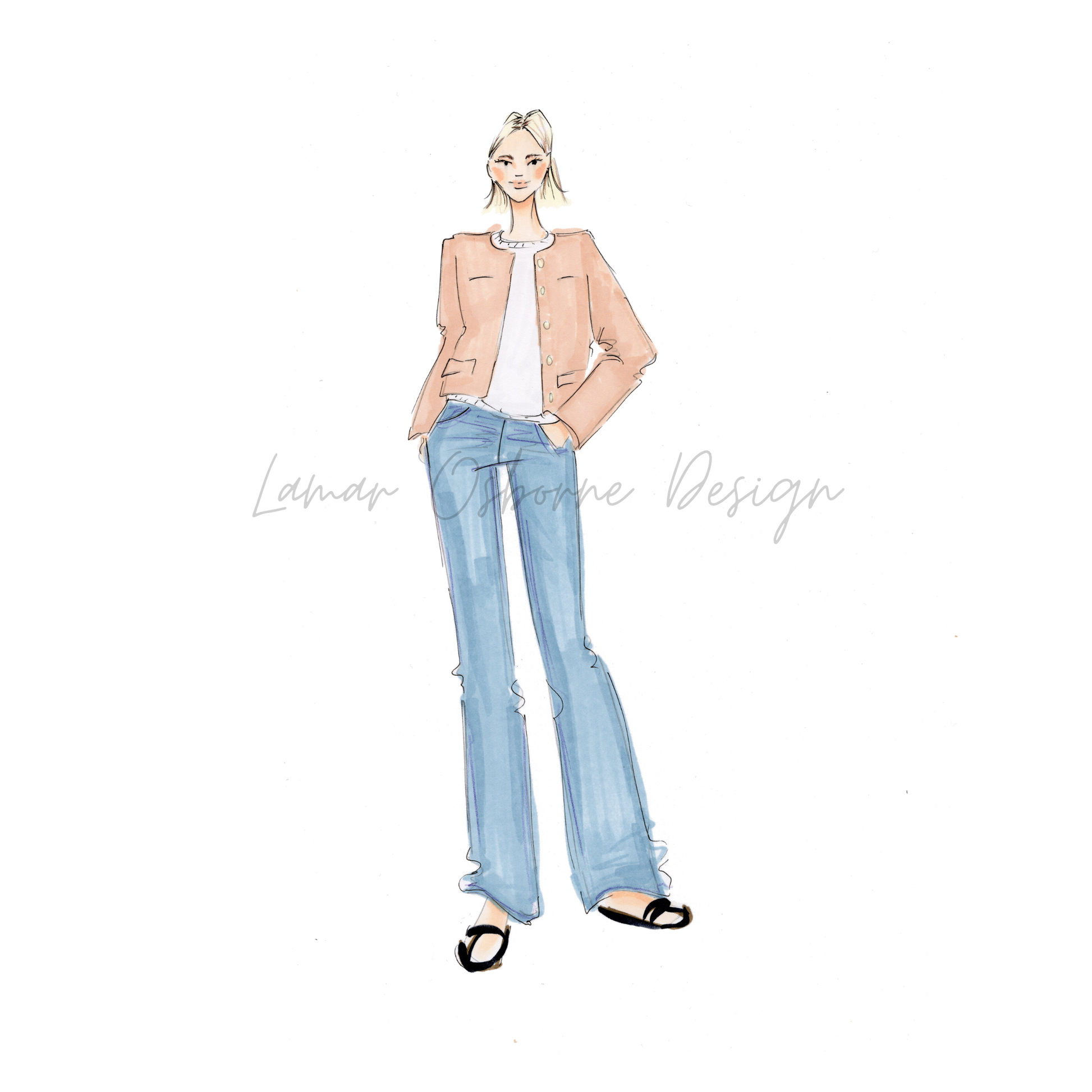 Illustration of a person wearing a tan jacket, white shirt, and light blue jeans on a white background.