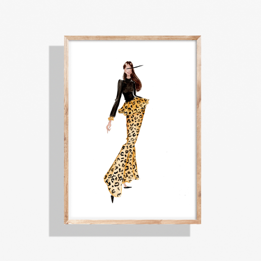 Framed artwork of a woman wearing a leopard print skirt on a white background