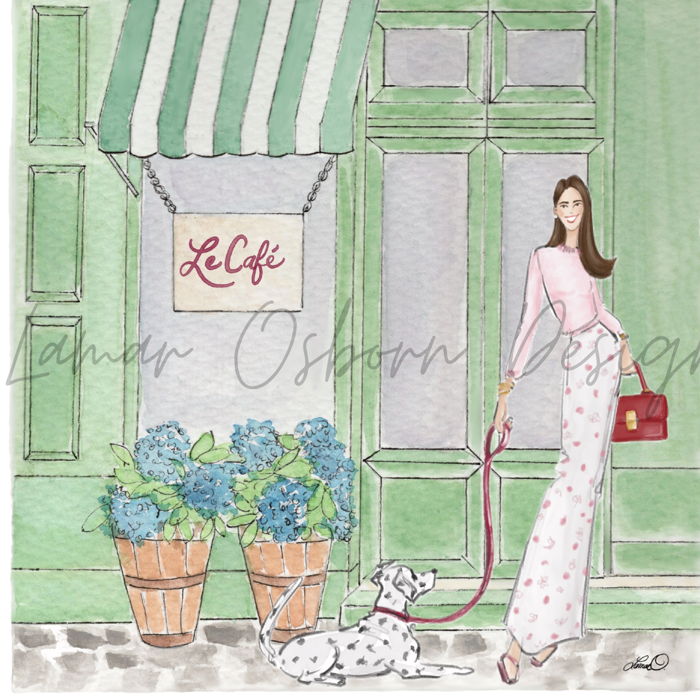 French Cafe- Girl With Dog, Watercolor Fashion Illustration Print